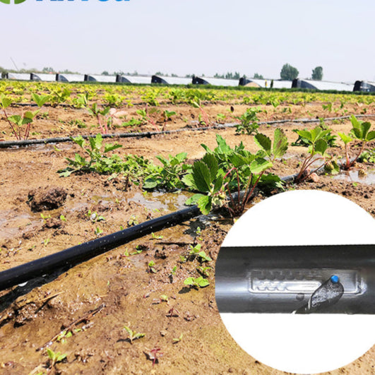 شريط تنقيط مزود بباعث مسطح داخلي، مقاوم للانسداد. مصنوع من مادة خام بولي إيثيلين خام 100%